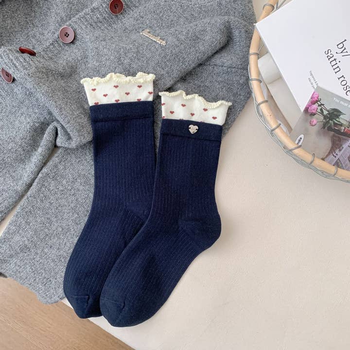 alberalkirk - Wholesale Socks - Women's - Color Block Ruffle Trim Socks Polka Dot Button Accent M5A0226