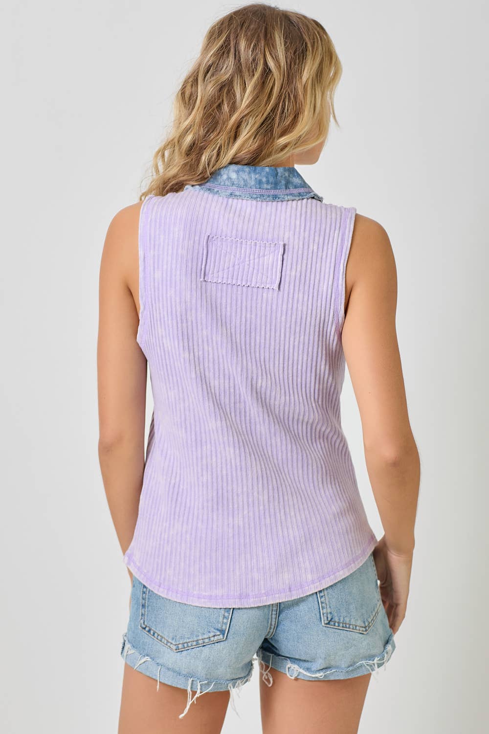 Mystree - Vente Chemise à col boutonné – femme - Haut sans manches à boutons en maille côtelée lavée 6094353