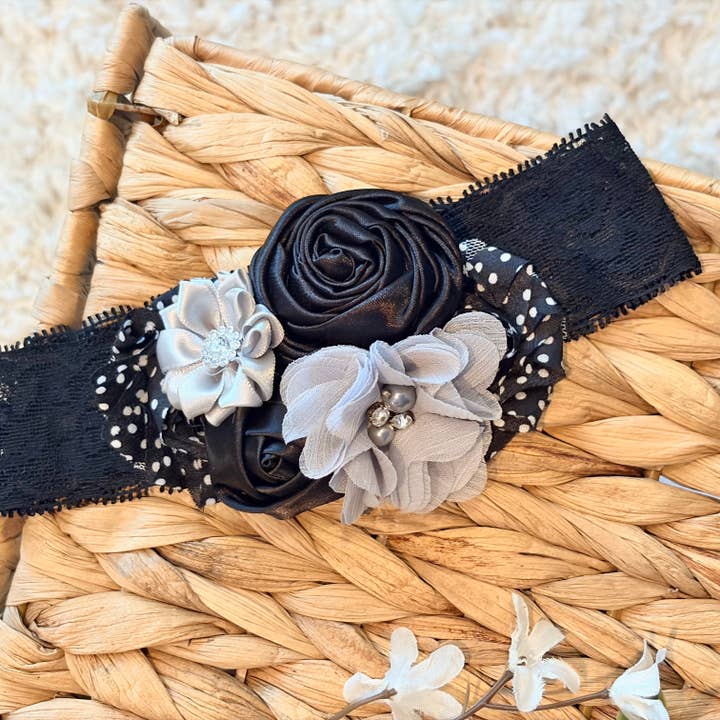 Baby schwarzes Stirnband, graues Shabby-Chic-Stirnband für den Großhandel von Jazy and Eve