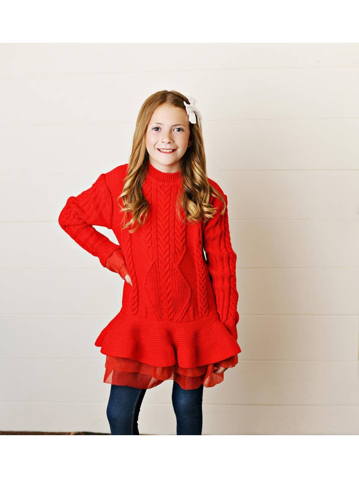 Adorable Sweetness - Wholesale Knit Sweater - Kids - Kids Red Cable Knit & Sheer Skirted Tunic Winter Sweater
