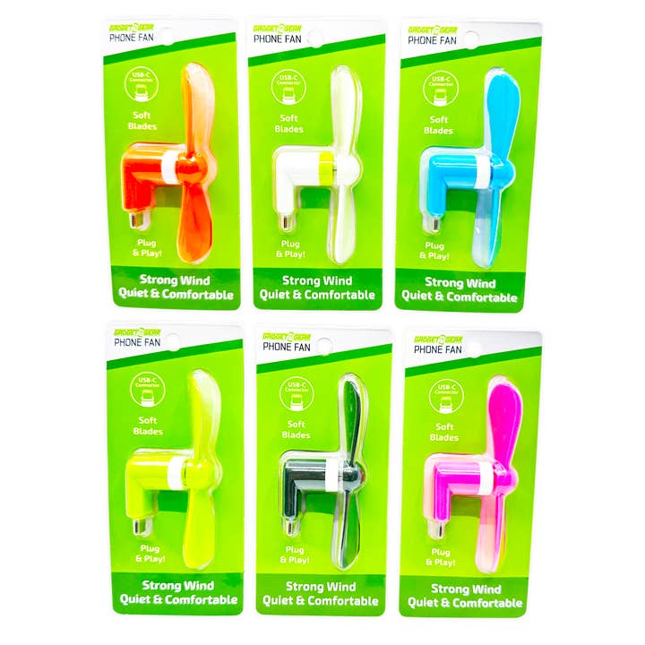 Novelty Brands - Wholesale Handheld Electric Fan - Gadget Gear USB-C Phone Fan Attachment Assortment- 6/Display