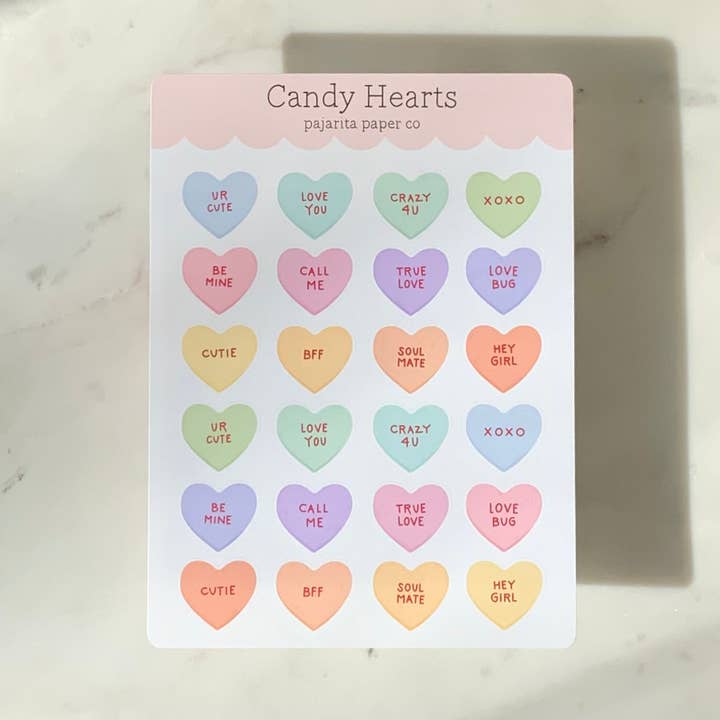 Candy Hearts Sticker Sheet for wholesale by Pajarita Paper Co