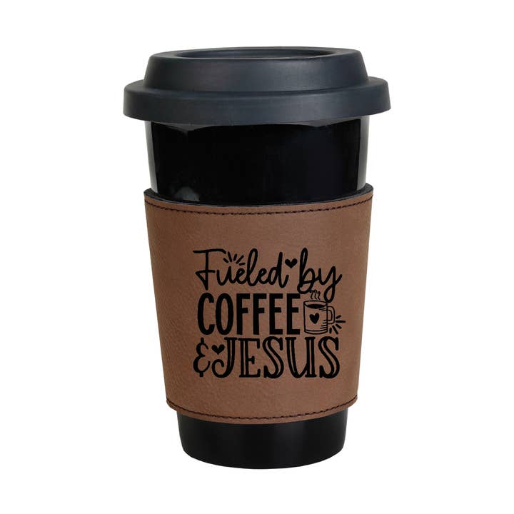 Fueled by Coffee and Jesus Leatherette Coffee Cup Sleeve for wholesale by The Rural Home