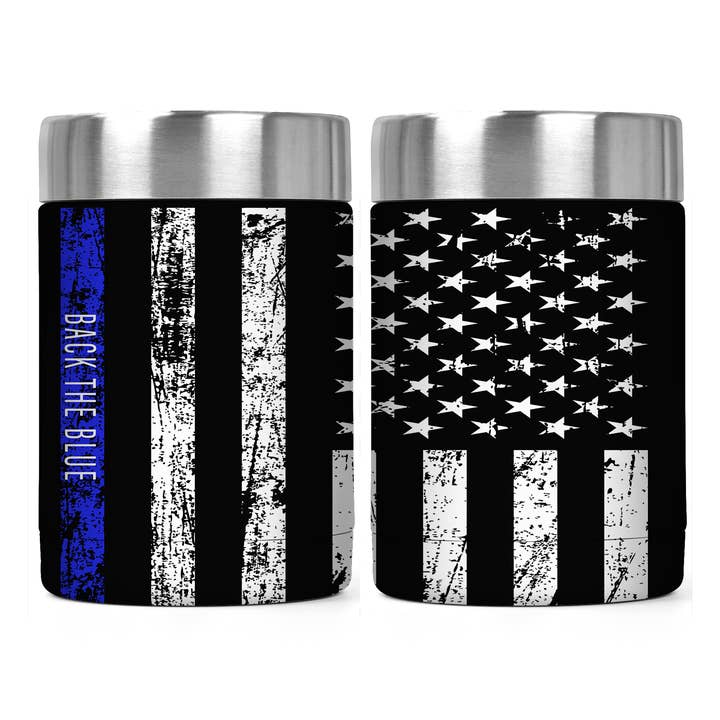 Back The Blue Distressed American Flag Thin Blue Line Tumbler Koozie for wholesale by BreakOut Outfitters