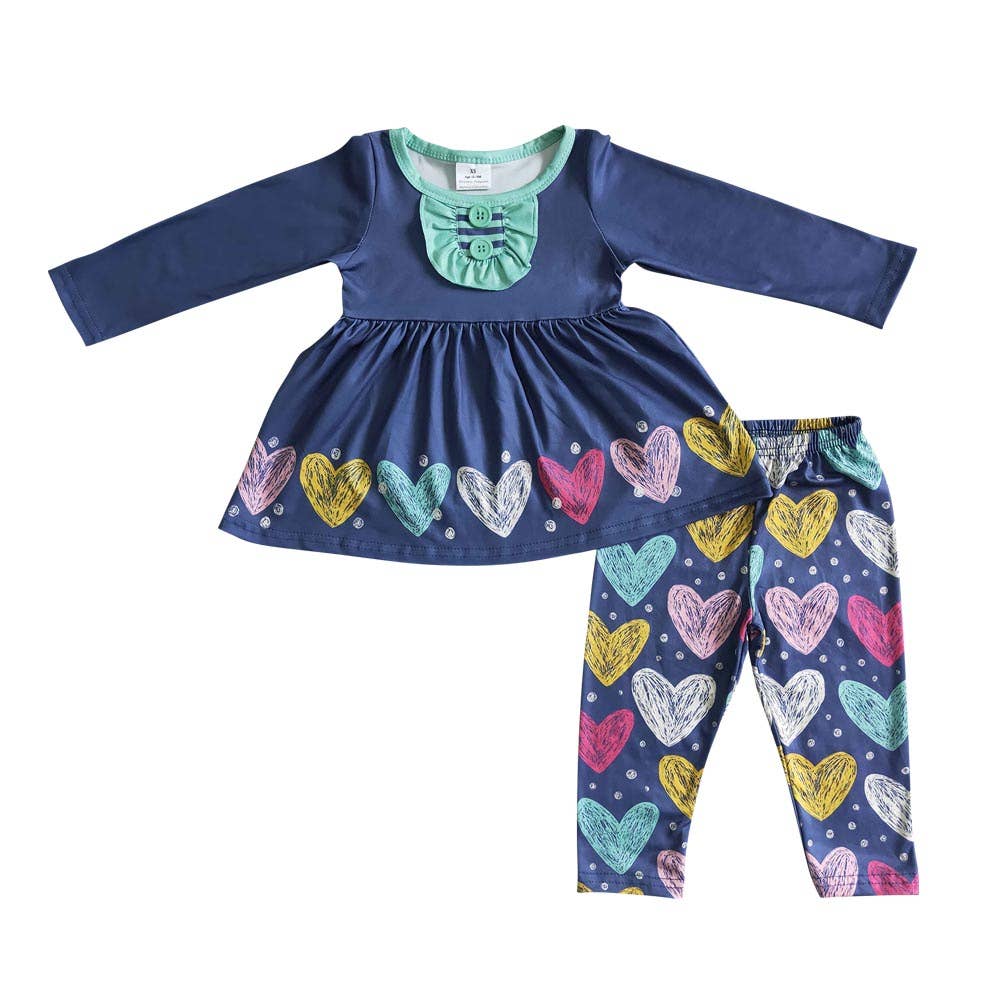 Aier Wholesale - Vente Ensemble haut et legging – enfant - Ensembles legging bleu marine cœur Saint-Valentin pour enfants1
