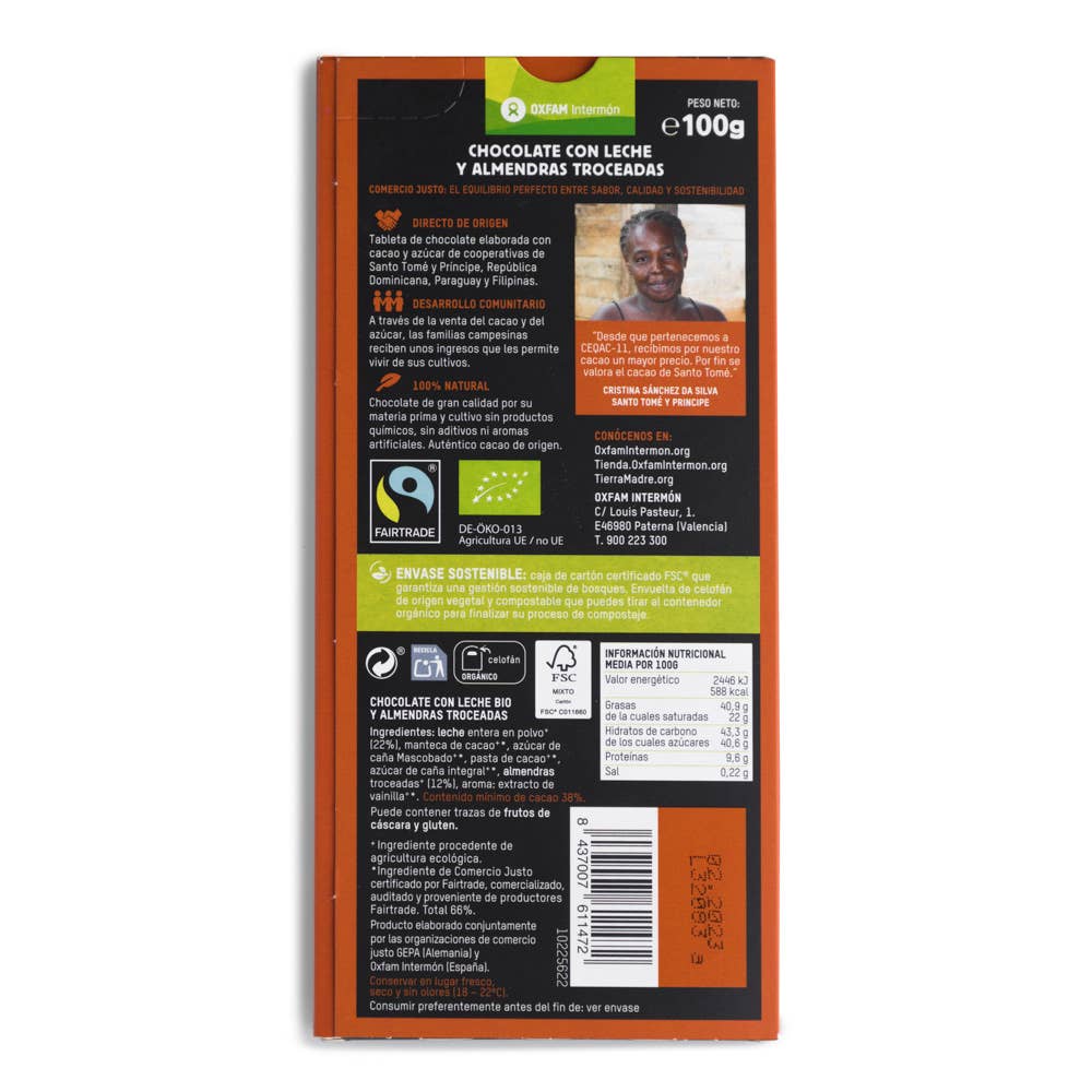 Tierra Madre – Chocolate por atacado – Comprimido de Chocolate BIO com Leite e Amêndoas Picadas 100 g1