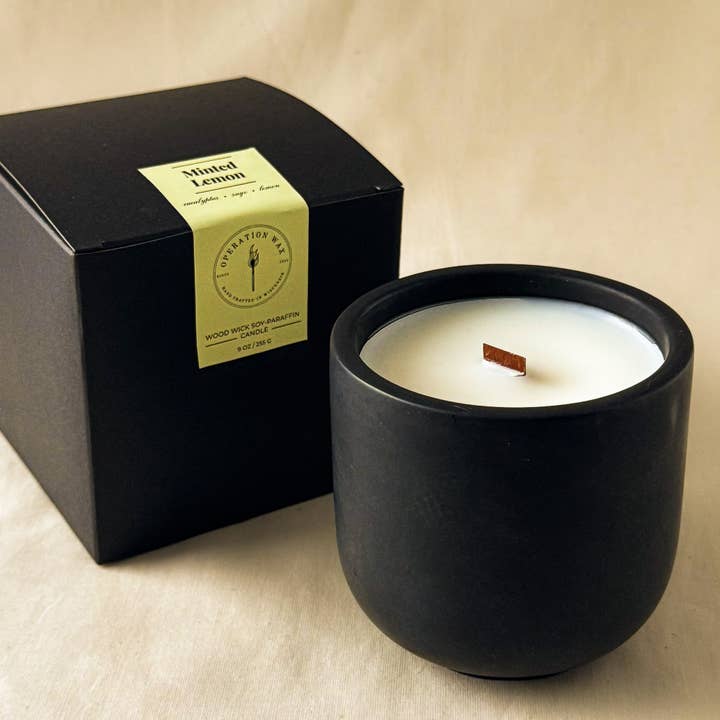 Minted Lemon Scented Wood Wick Candle - Cement Jar, 9 oz for wholesale by Operation Wax