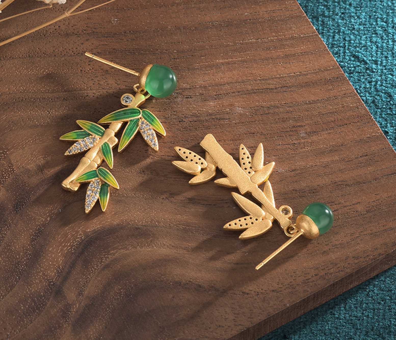 Bright MacMing - Vente Boucles d'oreilles pendantes - Boucles d'oreilles en bambou calcédoine naturelle de style asiatique2