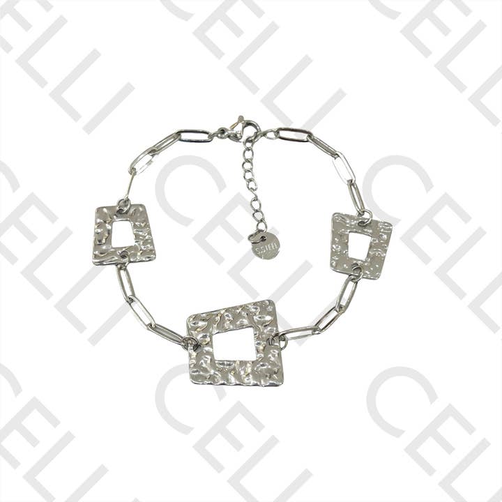 Celli Biju - Wholesale Jewelry Set - Steel Necklace / Bracelet - Hammered Square3