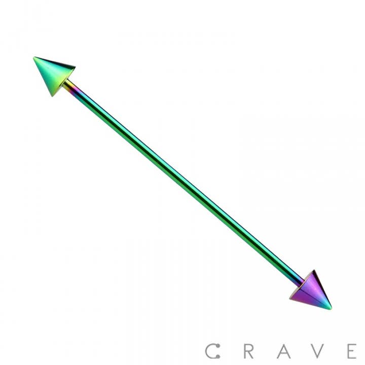BARBELL INDUSTRIEL EN ACIER INOXYDABLE 316L PLAQUÉ PVD ARC-EN-CIEL AVEC POINTES pour la vente par CRAVE