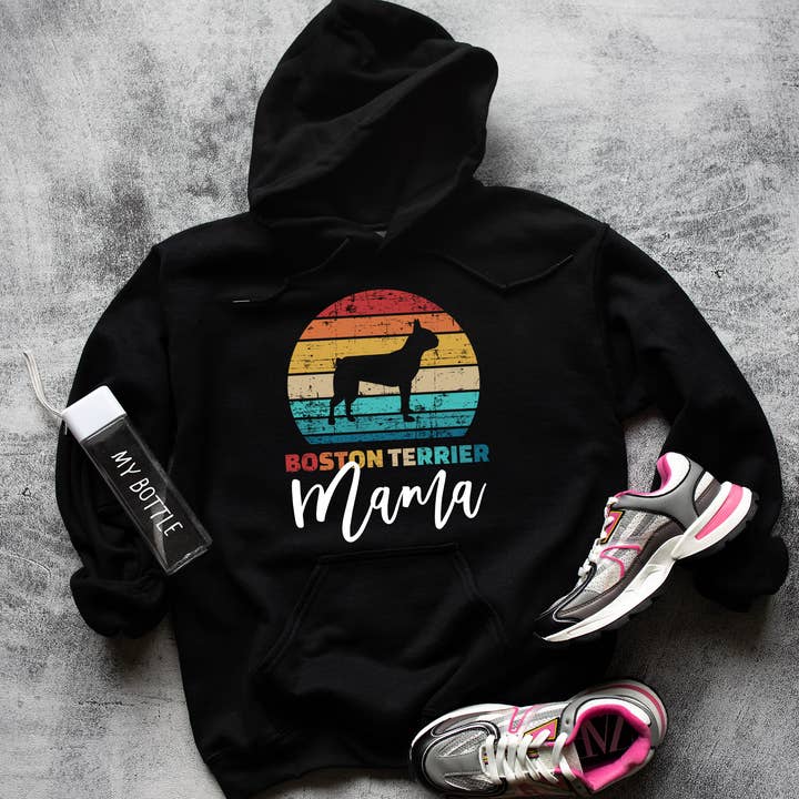 Boston Terrier Mama Vintage Rainbow Hoodie for wholesale by Squishy Faces