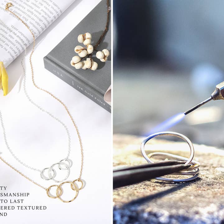 hope love shine – Großhandel Kette mit Anhänger/Charm – Halskette Eternity mit 3 Ringen, ineinandergreifende Kreise, Gold und Silber