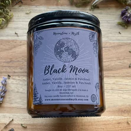 Black Moon, candela profumata al 100% con cera di soia per la vendita all'ingrosso da parte di Moonstone and Myth