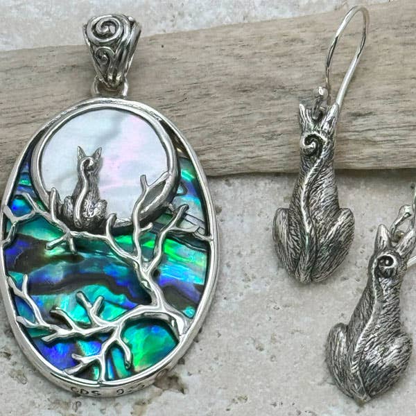 Sterling Silver CAT Gazing at the Full Moon, Shell Pendant for wholesale by Goddess Design Studio