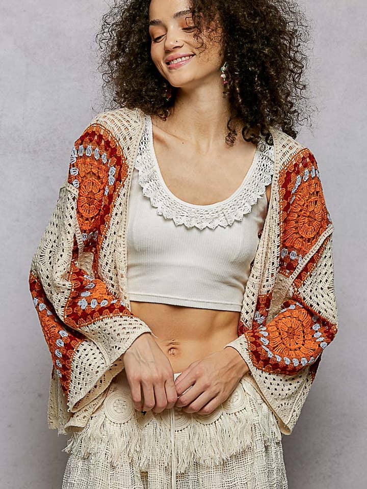 Granny Square Weave Roomy Fit Crochet Open Cardigan Top for wholesale by Pol Clothing