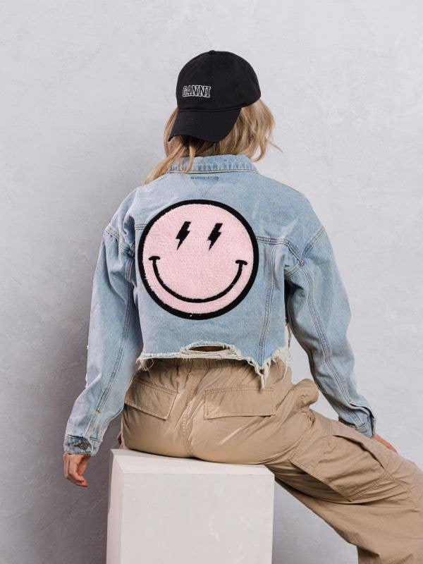 Trio Urban - Vente Veste en jean – femme - Veste courte en jean rose Smiley Face5