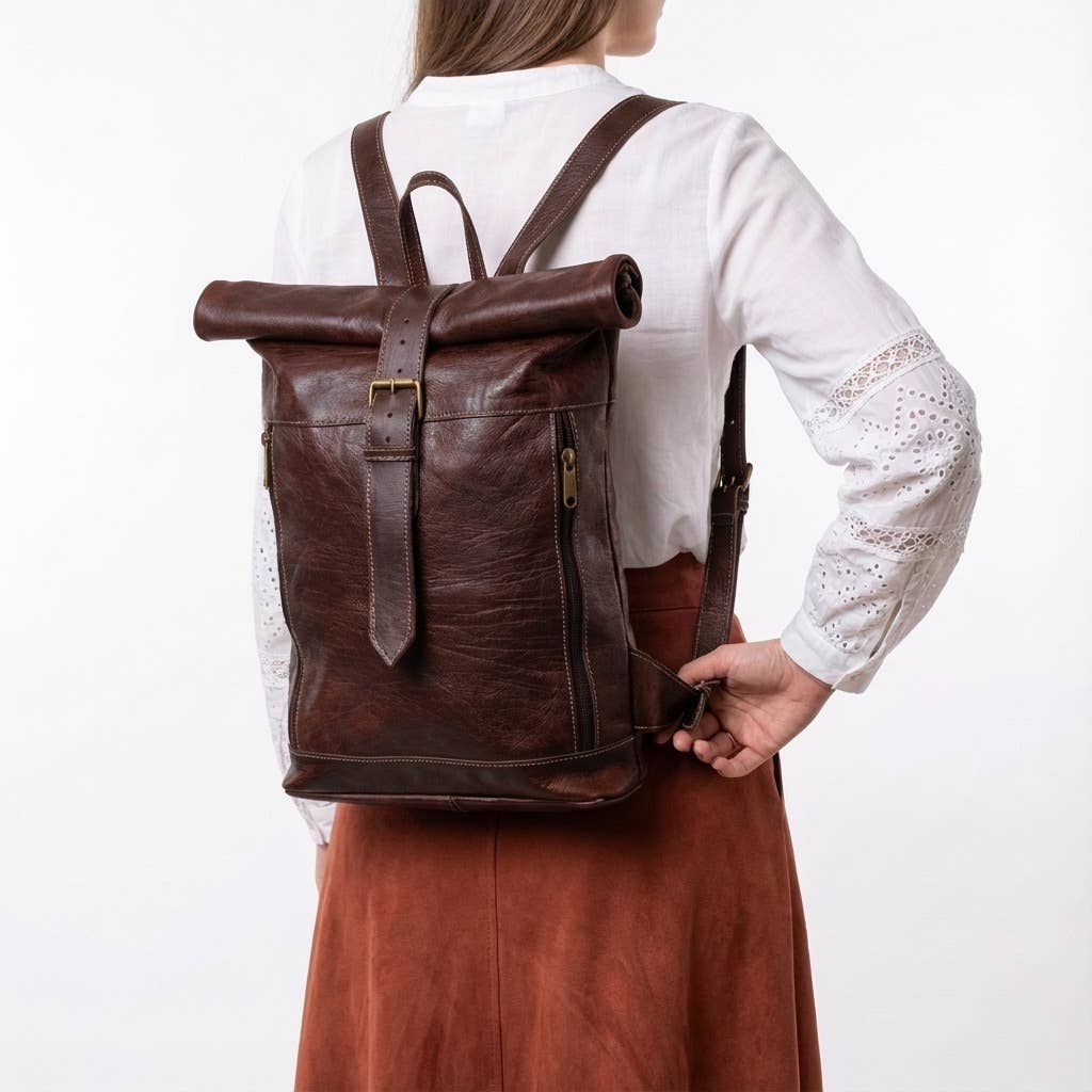 Melecraft - Wholesale Backpack - Unisex - Vintage Style Leather Roll Top Backpack - Rustic Travel Bag1