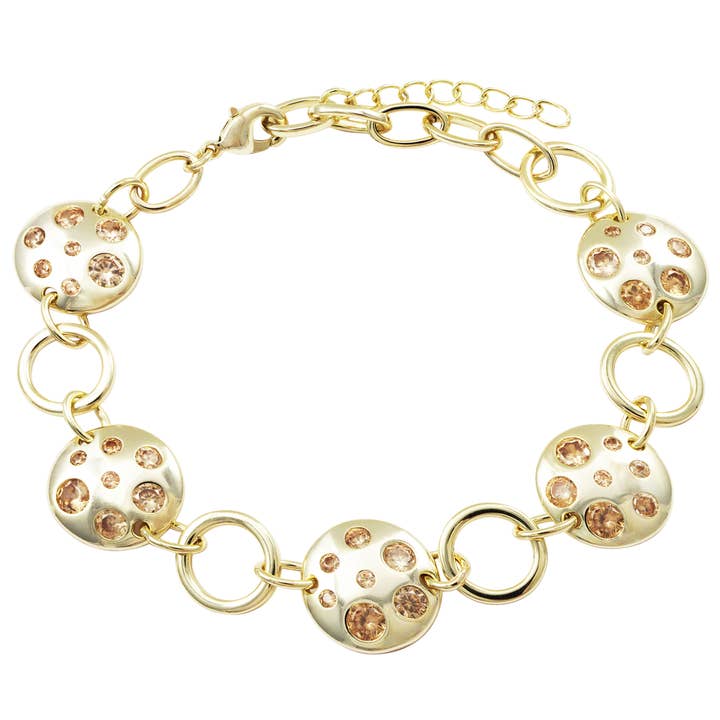 Champagne CZ, Gold Plated Brass Circles Link Bracelet for wholesale by Dlux Jewels
