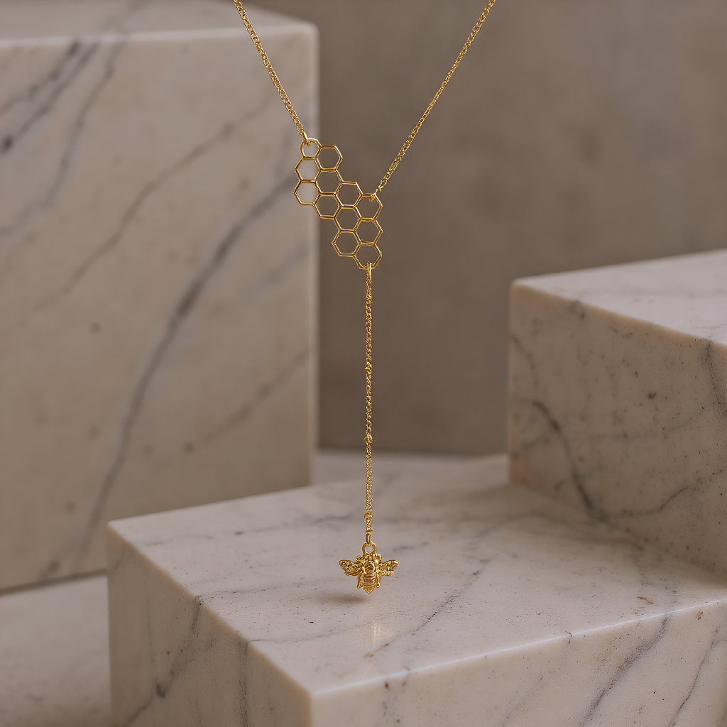 Katinki - Wholesale Y-Neck/Lariat Necklace - Gold Honeycomb & Bee Lariat Necklace0