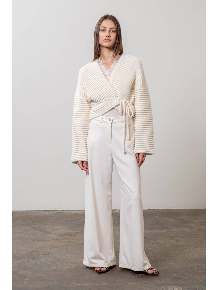 Moon River - Wholesale Cardigan - Women's - WRAP SIDE TIE RIBBED KNIT CARDIGAN