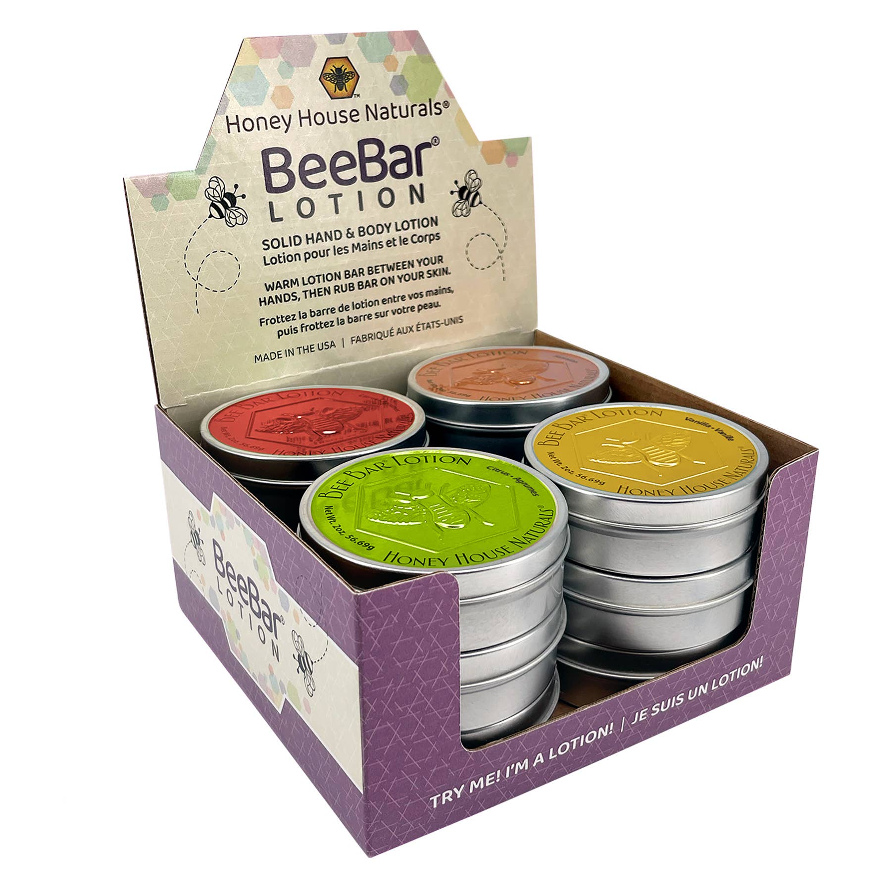 Honey House Naturals - Wholesale Solid Lotion - Large Bee Bar Display - 12 Pieces - Free Tester12