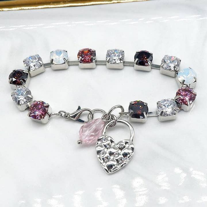 Pulsera Harlow hecha a mano con granate de rodolita rosa, circonita cúbica, joyería de boda, regalo de novia para venta al por mayor de TiaraBleu