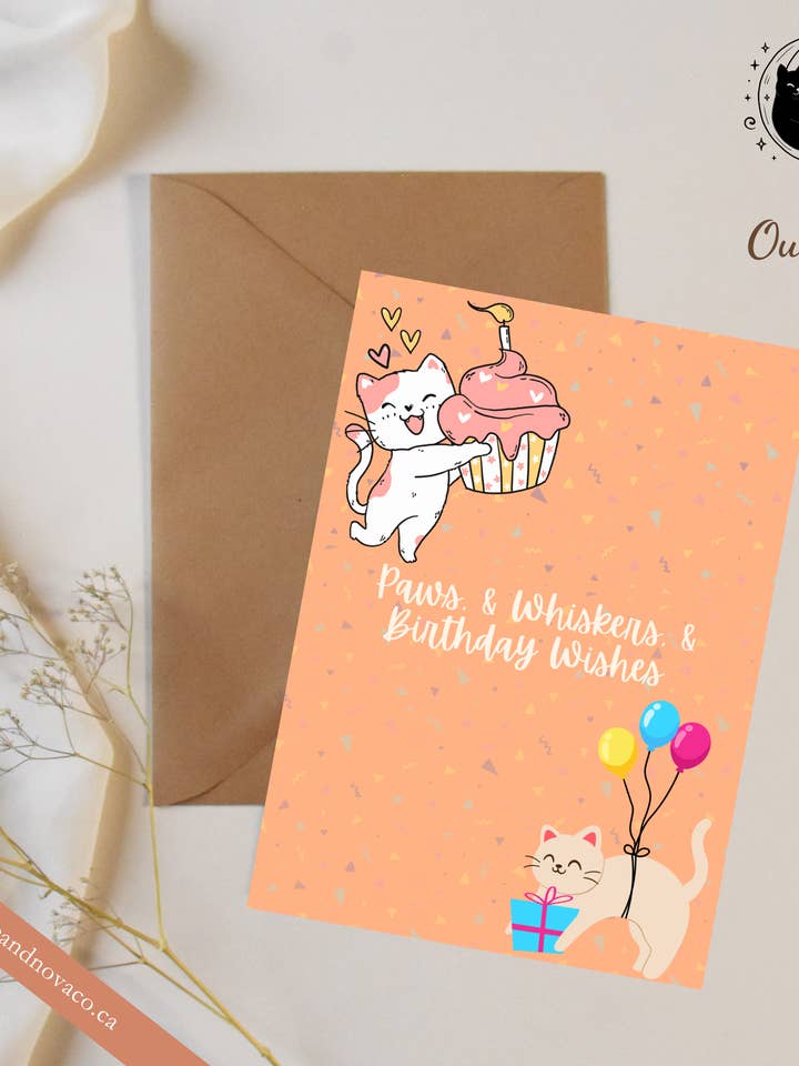"Paws & Whiskers & Birthday Wishes" – Cat Birthday Card for wholesale by Moonie & Nova Co.
