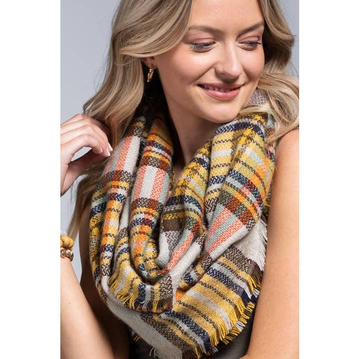 MUSTARD Classic Woven Plaid Infinity Scarf for wholesale on Faire
