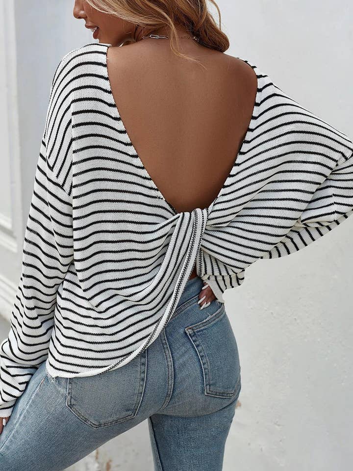Striped Sexy Backless Crossover Sweater for wholesale by HIDDENBRAND