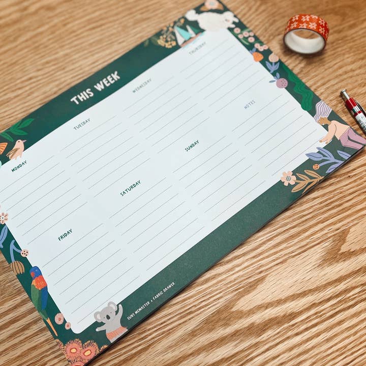 Land Down Under Weekly Planner Notepad - A4 Illustrated Desk Pad by Suki McMaster x Fabric Drawer for wholesale by Suki McMaster