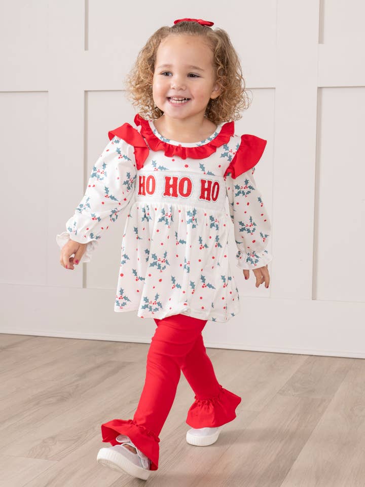 Marie Nicole Clothing - Wholesale Top & Leggings Set - Kids - Red & Green Smocked "Ho Ho Ho" Ruffle Outfit