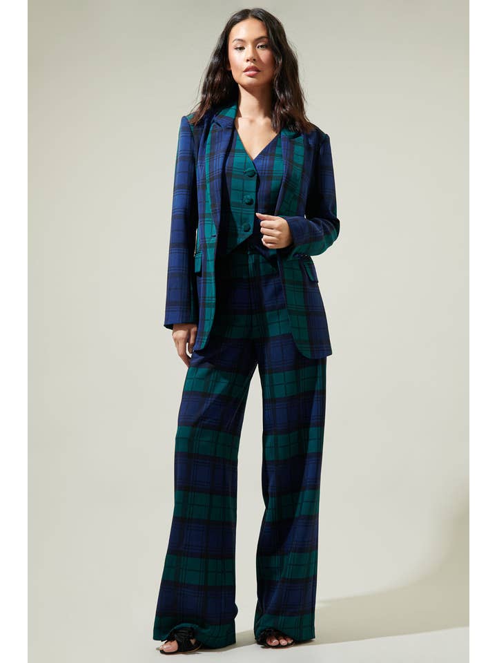 NAVY GREEN MULTI Hudson Plaid Suave Fitted Notch Lapel Blazer for wholesale on Faire