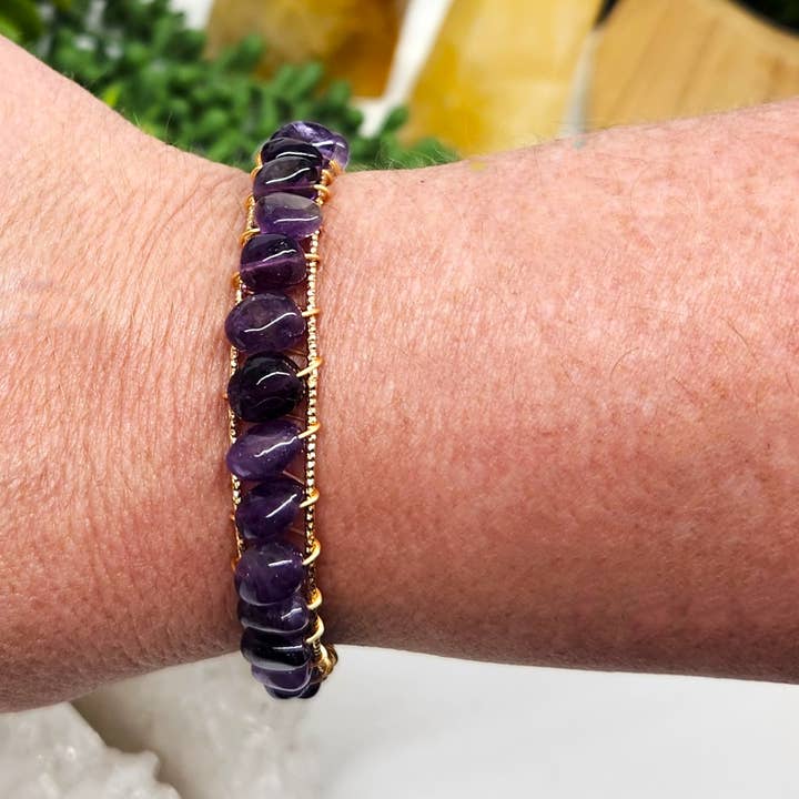 Meraki Gemstones - Wholesale Cuff Bracelet - Amethyst Bangle/Cuff/Wire Wrapped Bracelet-18kt.Gold Overlay