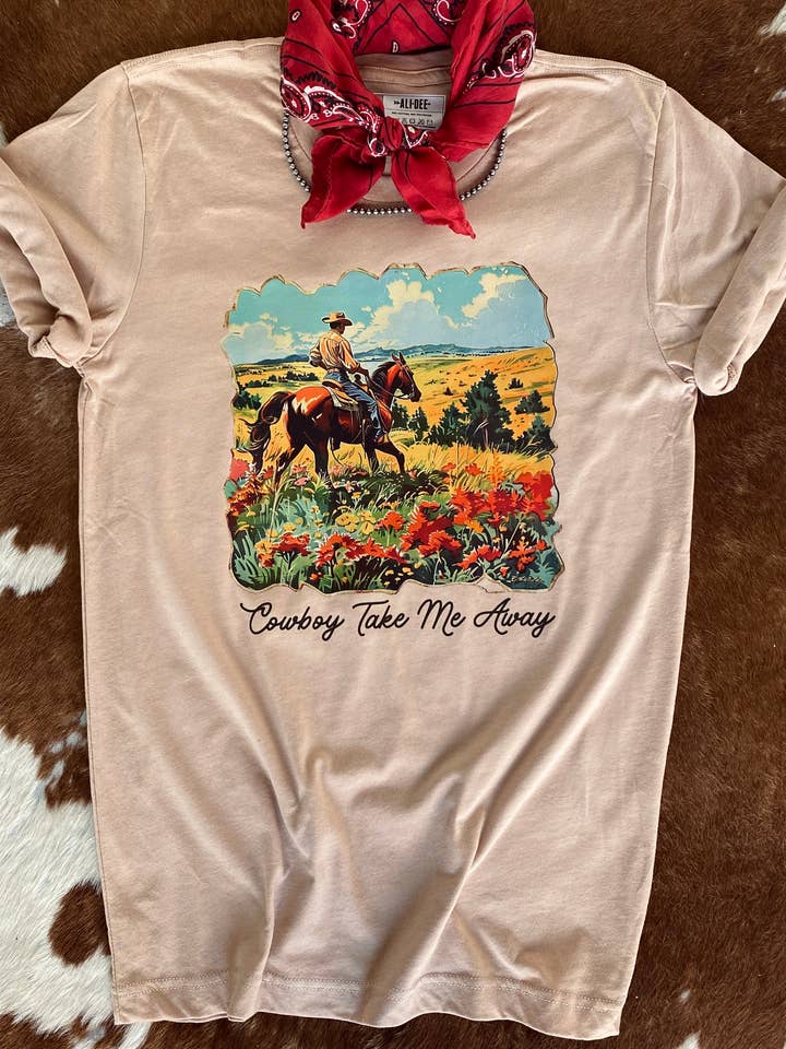 Cowboy Take Me Away Western Graphic T-Shirt - Htr Sand dune for wholesale by Ali Dee