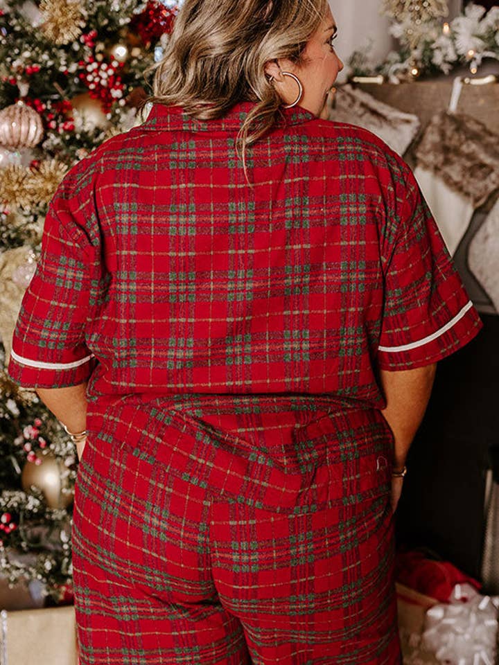 Red Plus Size Plaid Short Sleeve Shirt Loose Pants 2pcs Pajama Set for wholesale on Faire1