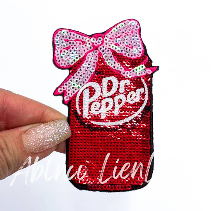 Dr Pepper Bow Sequins Iron On Patch for wholesale by ABLNco