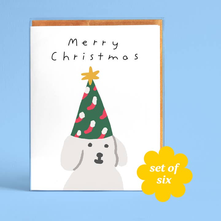 Boxed Christmas Cards - Set of 6 | Cute Pup in Party Hat for wholesale by iej studio