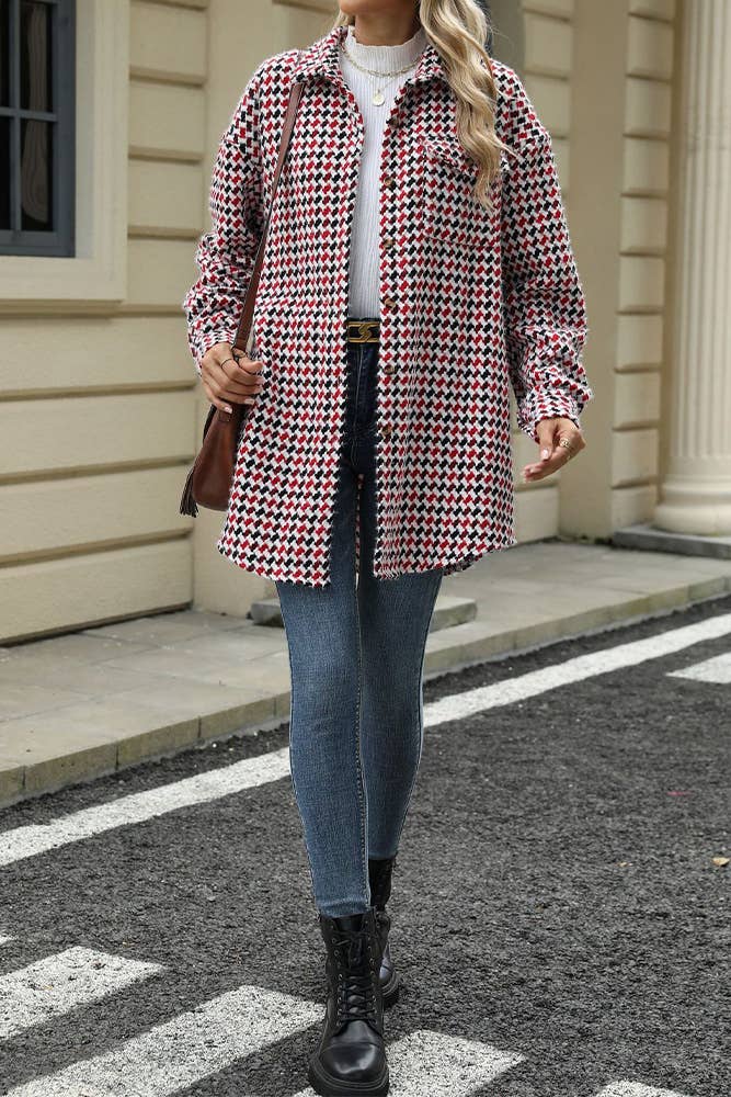 UNISHE – wholesale Coat – Women’s – Plaid Front Open Houndstooth Long Coat WZD0743