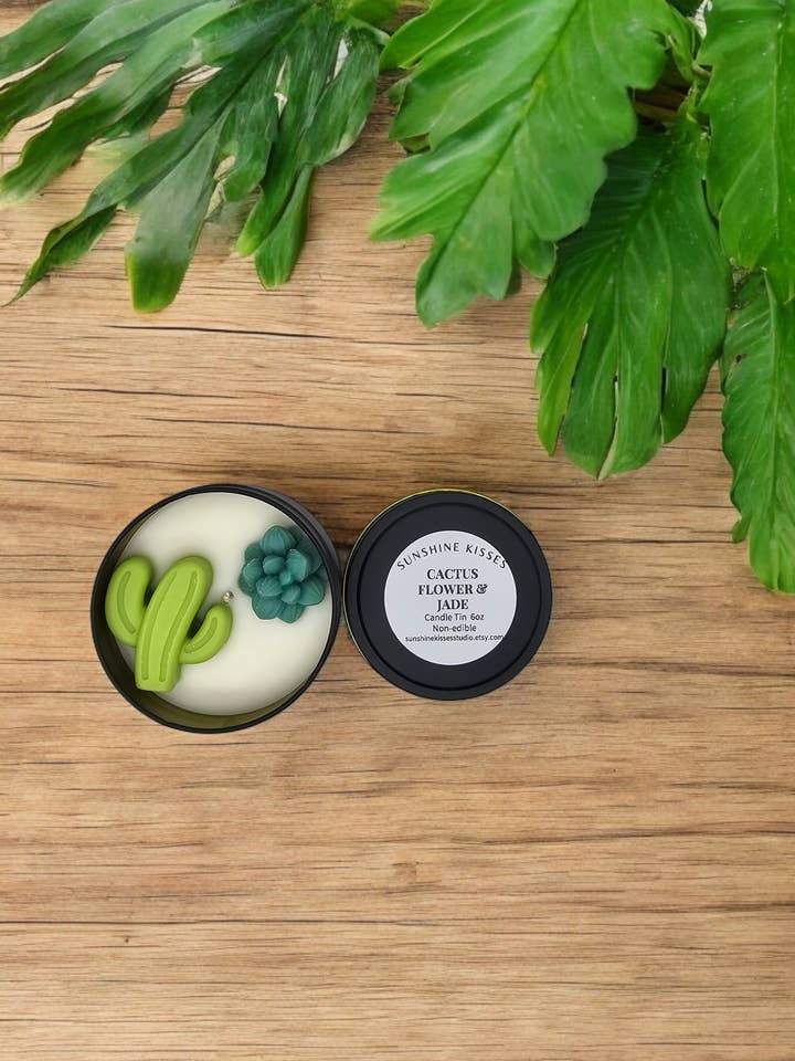 Cactus Flower & Jade 6oz Candle Tin for wholesale by Sunshine Kisses Wax Studio LLC