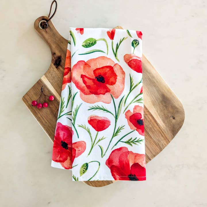 Watercolor Wednesday - Wholesale Tea Towel - Red Poppy Tea Towel | Watercolor Wildflower Kitchen Towel
