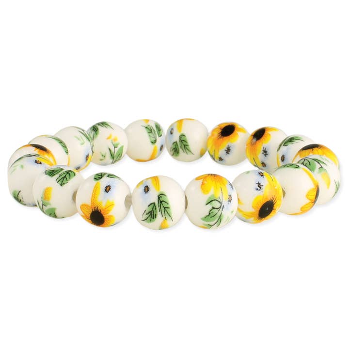 ZAD - Wholesale Beaded Bracelet - Vintage Yellow & White Ceramic Stretch Bracelet