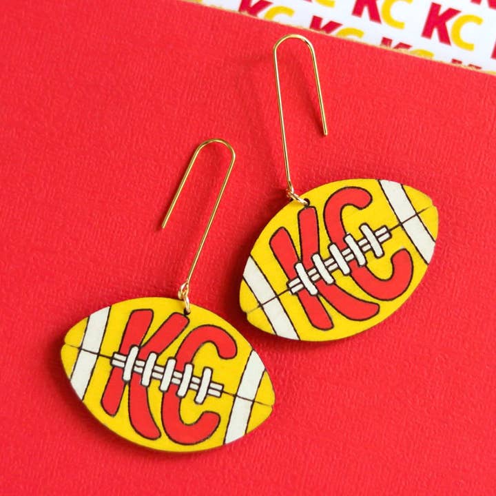 Handcrafted Wood Earrings- Yellow KC Football for wholesale by Ivy Lena