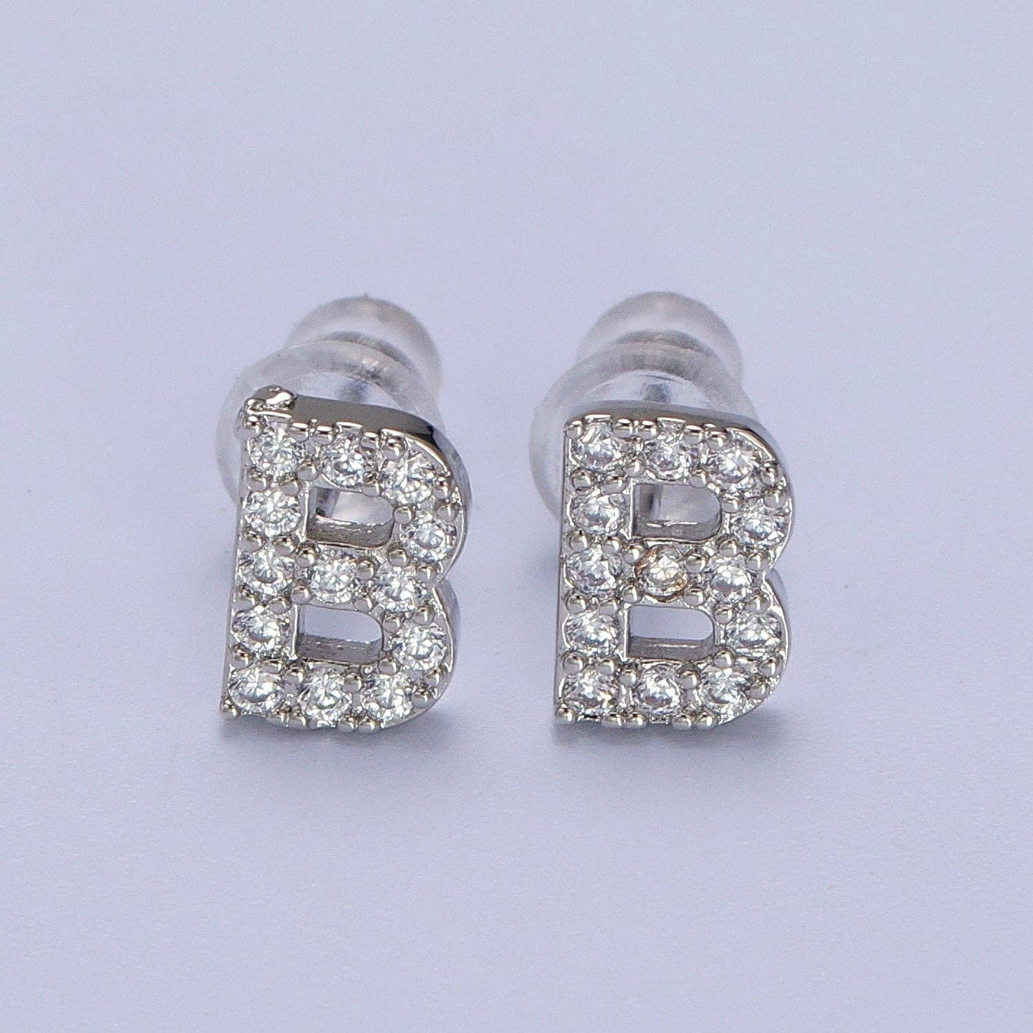 Aim Eternal - Wholesale Stud/Post Earrings - White Gold Filled Tiny Initial Letter Diamond CZ Silver Stud1