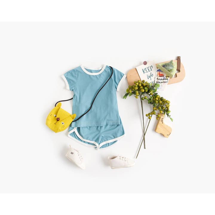 MyKids-USA® - Wholesale Top & Short Set - Baby - Baby Solid Color Neck Color Matching Design Sports Sets In Summer