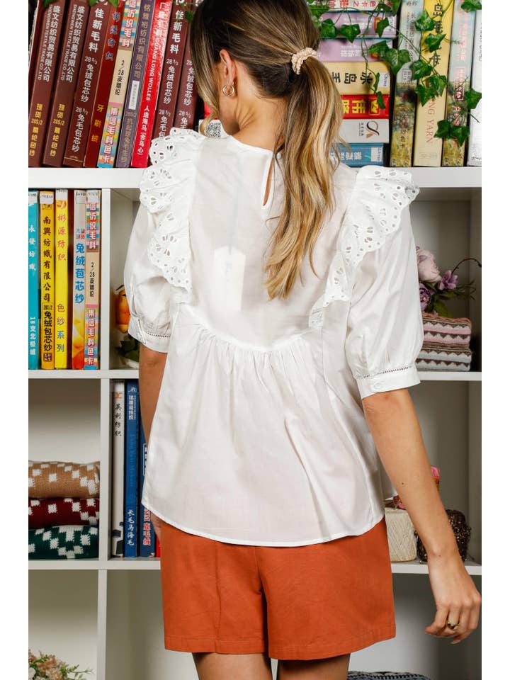 Off White Floral Embroidery Ruffle Detail 100%Cotton Blouse VT31025- for wholesale on Faire9