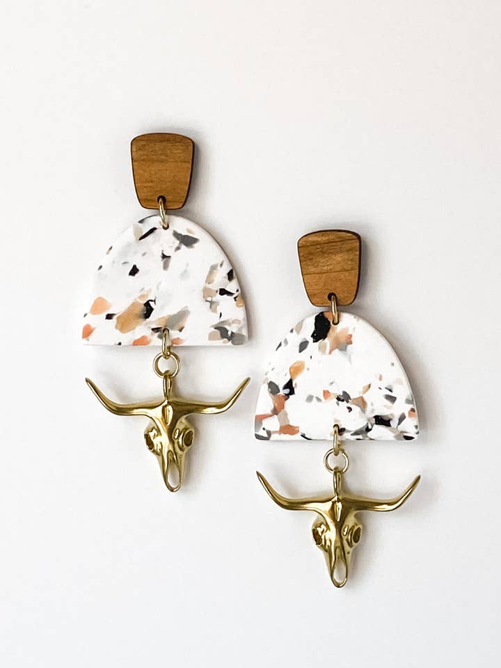 Jo Longhorns | Terrazzo | Polymer Clay & Wood Earrings | Sig for wholesale by Aves + Brit | Handmade Midwest Modern Jewelry