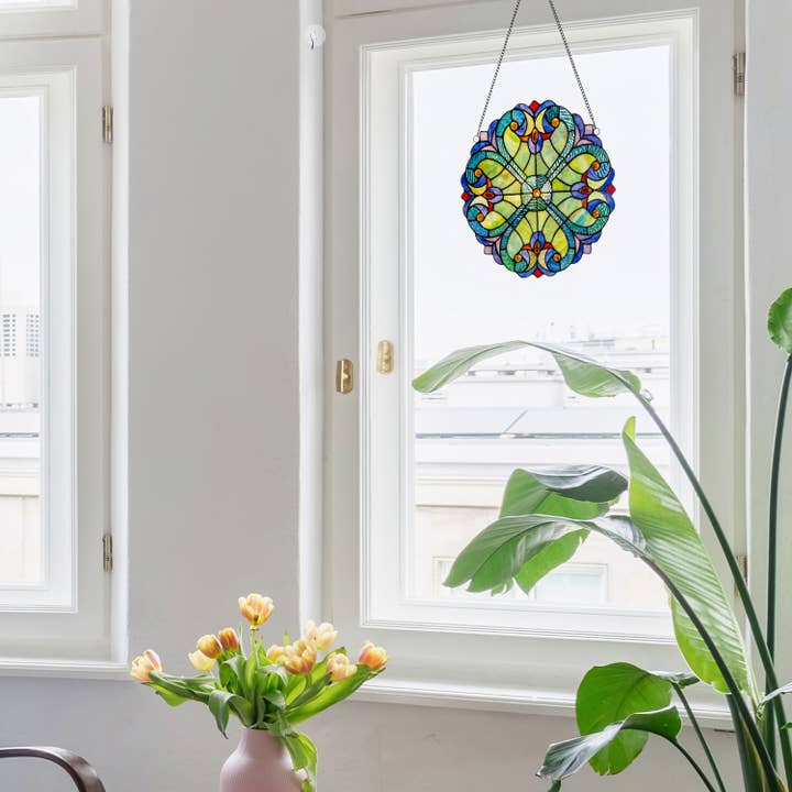 Blue 12"H Halston Multicolor Stained Glass Window Panel for wholesale on Faire3