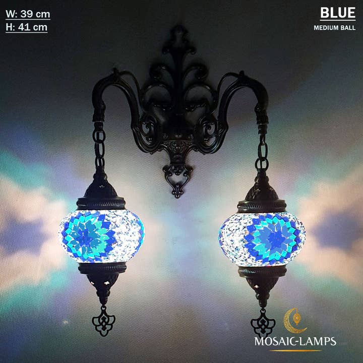 Turkish Mosaic Double Wall Sconce Medium Globe, Zamak Metal Handmade Moroccan 2 Globe Wall Lamp for wholesale by Mosaic Lamps