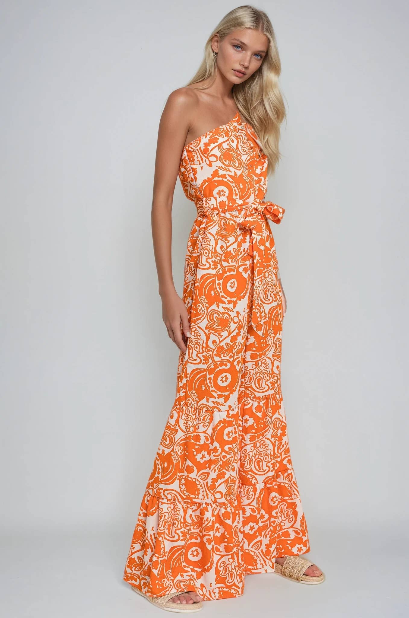 ONE SHOULDER PRINTED JUMPSUIT - 4339RB ORANGE for wholesale on Faire