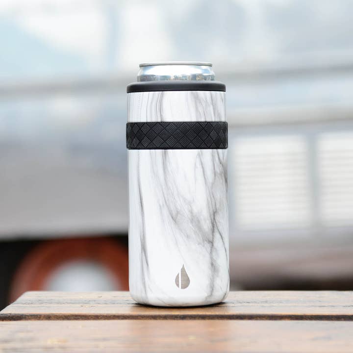 Elemental - Wholesale Drink Huggers & Koozies - Slim Can Cooler - 12oz White Marble Stainless Steel6